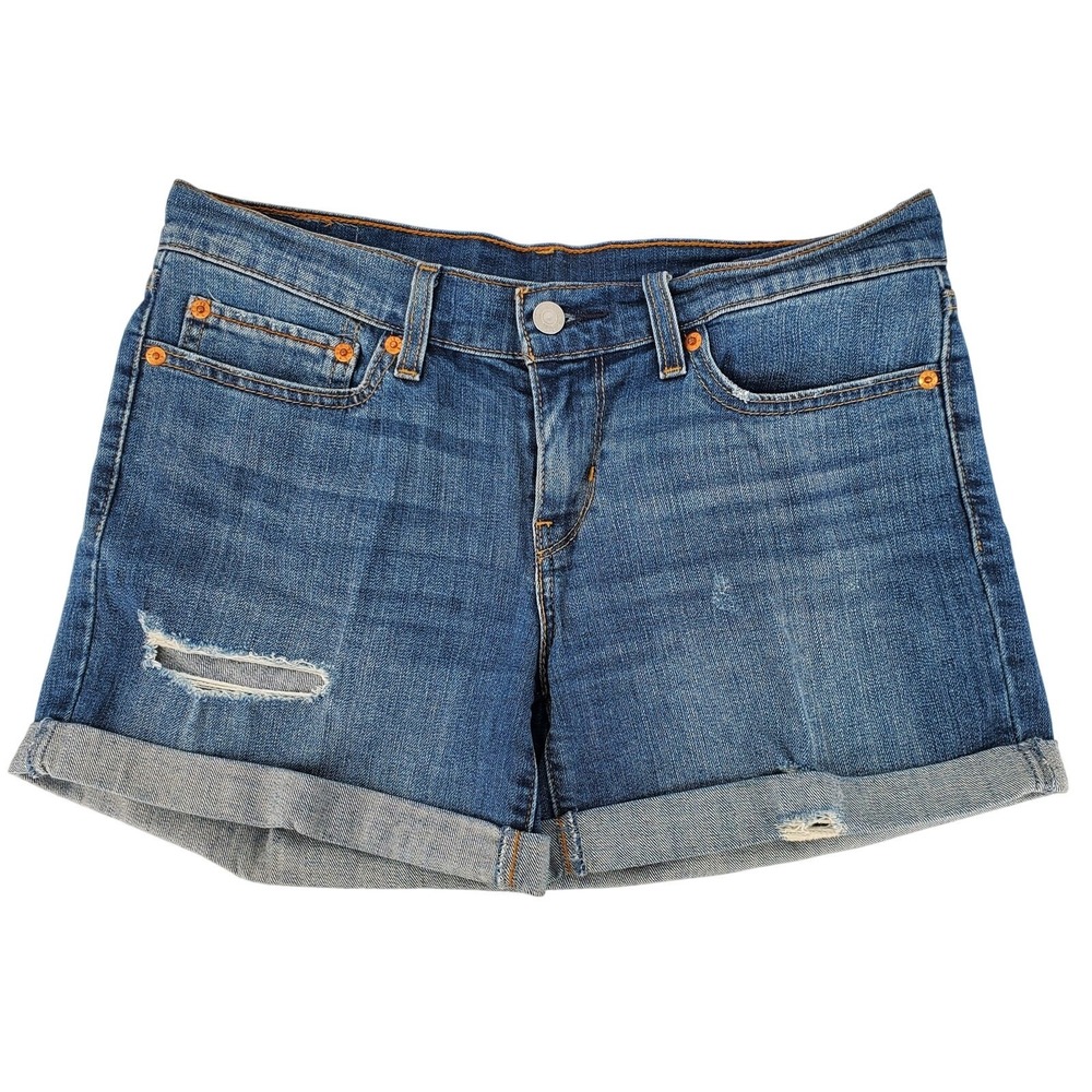 Levis Mid Rise Medium Wash Distressed Cuffed Denim Shorts Women 27 Blue Stretch